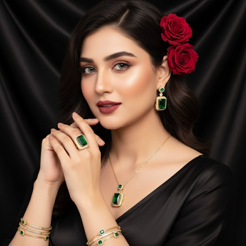 Zenat Exquisite Emerald Necklace Earrings Ring 3 Piece Set