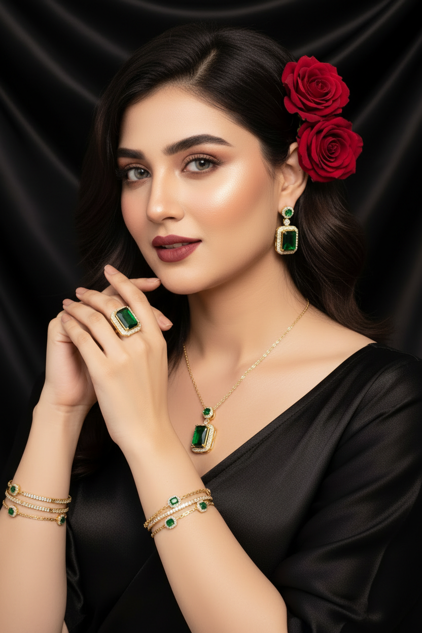 Zenat Exquisite Emerald Necklace Earrings Ring 3 Piece Set