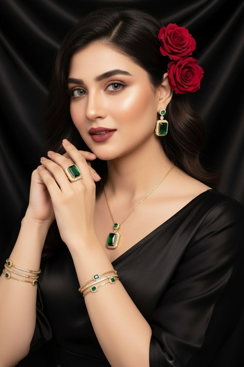 Zenat Exquisite Emerald Necklace Earrings Ring 3 Piece Set