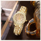 Golden Watch Women Ring Necklace Earrings Rhinestone Fashion Wristwatch Female Casual Ladies Watches Bracelet Set Clock