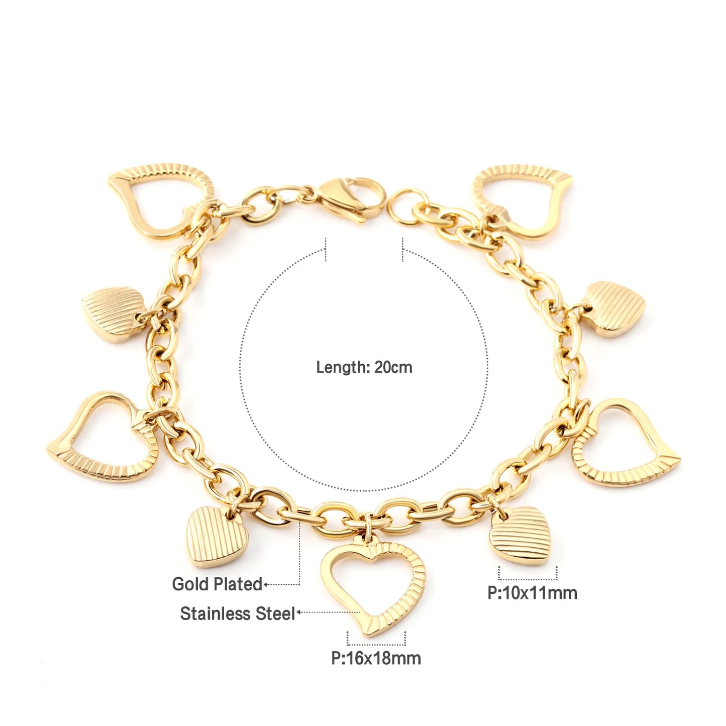 LUXUSTEEL Stainless Steel Heart Coin Charm Bracelet for Women Girl Golden Color Cuban Link Chain Bracelet Jewelry Gift 20cm