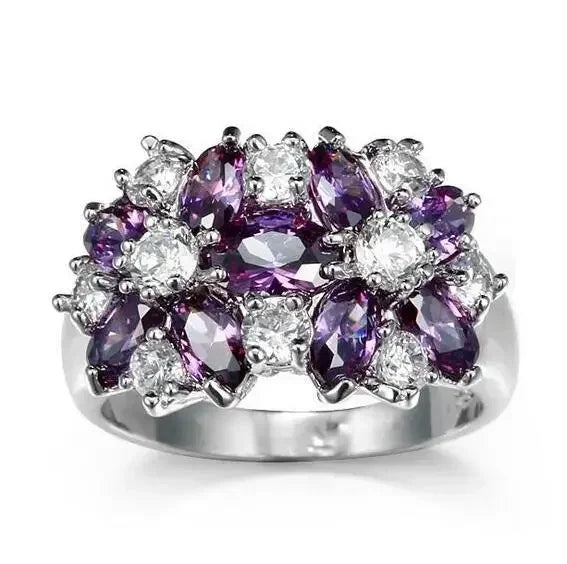 2025 New Purple Cubic Zirconia Ring with Sparkling Square Crystal, High End Women's Personalized Fashion Cocktail Party Jewelry