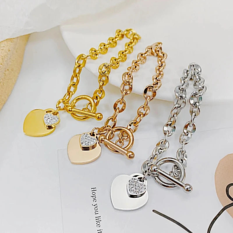 1 Pcs Bangle For Women Girl Not Fade Stainless Steel Gold Plated Waterproof Geometric Heart Pendant Bracelet Jewelry