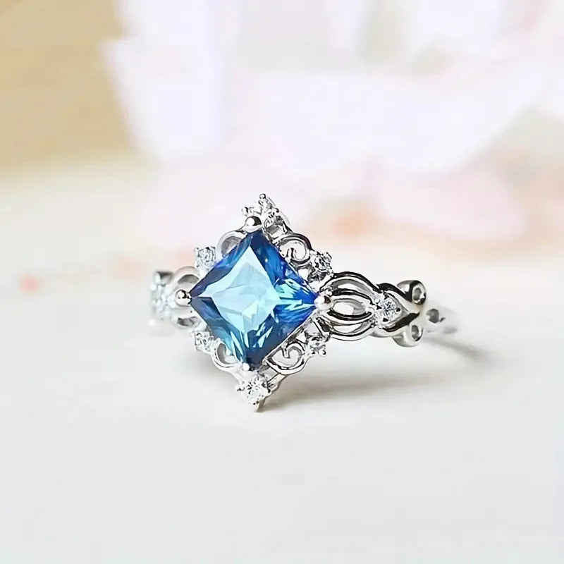 2025 New Fashion Sea Blue Cubic Zirconia Women's Wedding Ring Luxury Engagement Party Elegant   Brilliant Jewelry
