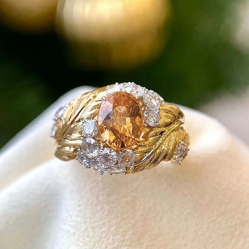 New Elegant Yellow Cubic Zirconia Women Rings Luxury Wedding Anniversary Party Lady's  Accessories Bright Fashion Jewelry