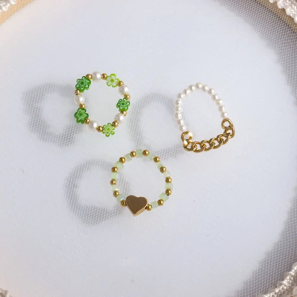 Trendy Cute Bohemia Pearl Flower Acrylic Beaded Rings Party Jewelry Finger Ring Set Women Ring