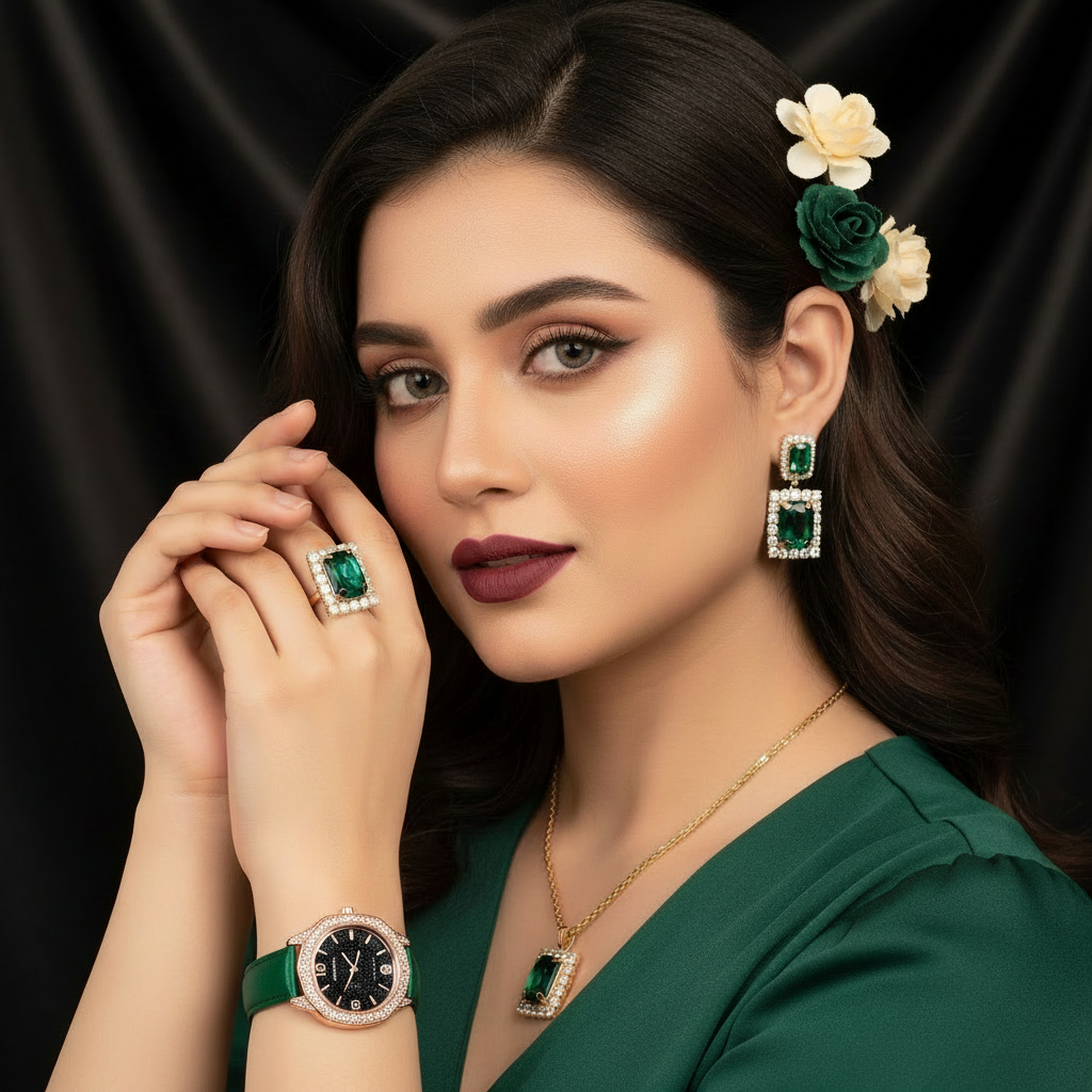 Zenat 5Pcs Set Luxury Rhinestone Watch Quartz Bracelet Set