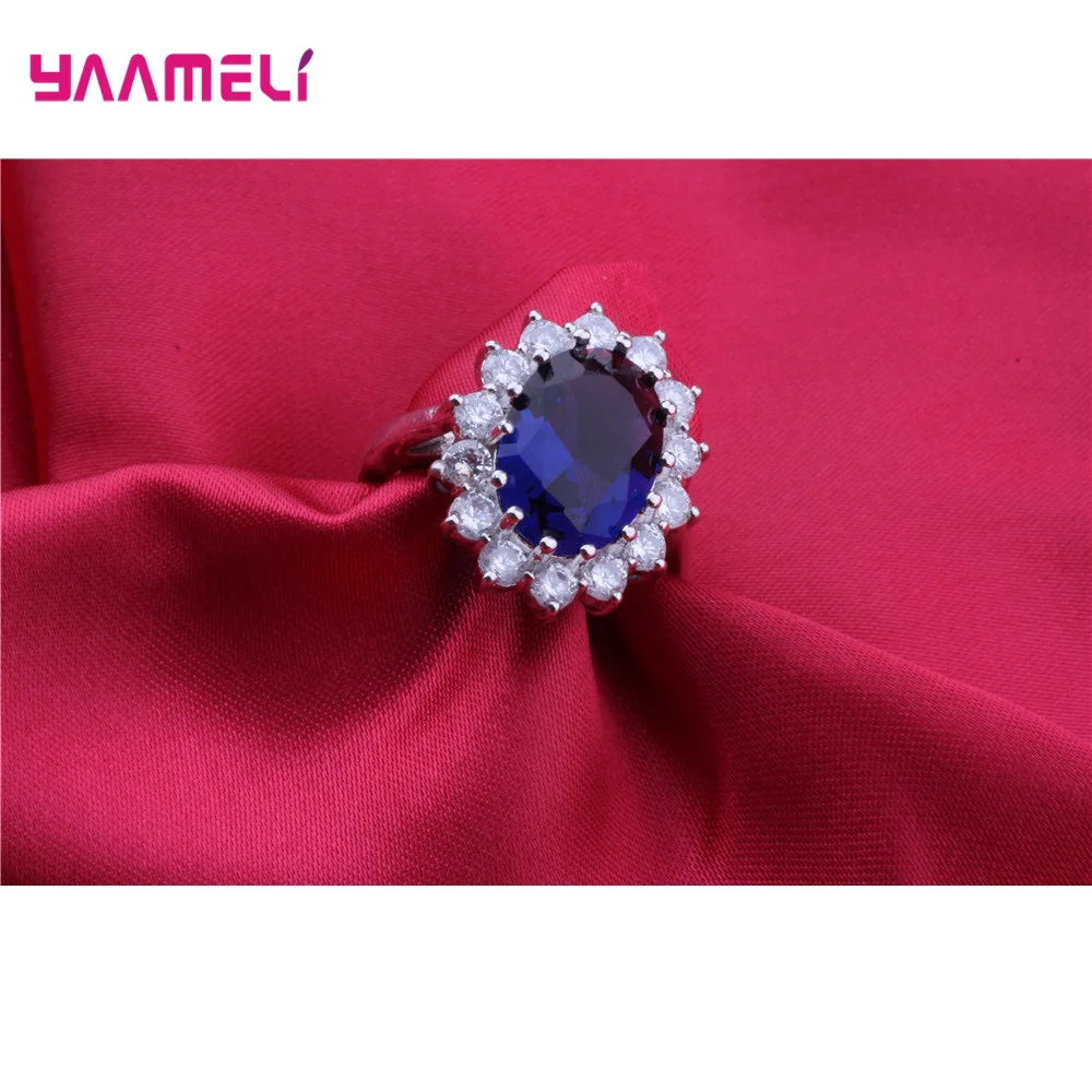 Authentic 925 Sterling Silver Plated Women Wedding Engagement Jewelry Sets Princess Oval Zircon Crystal Necklace Earrings Ring