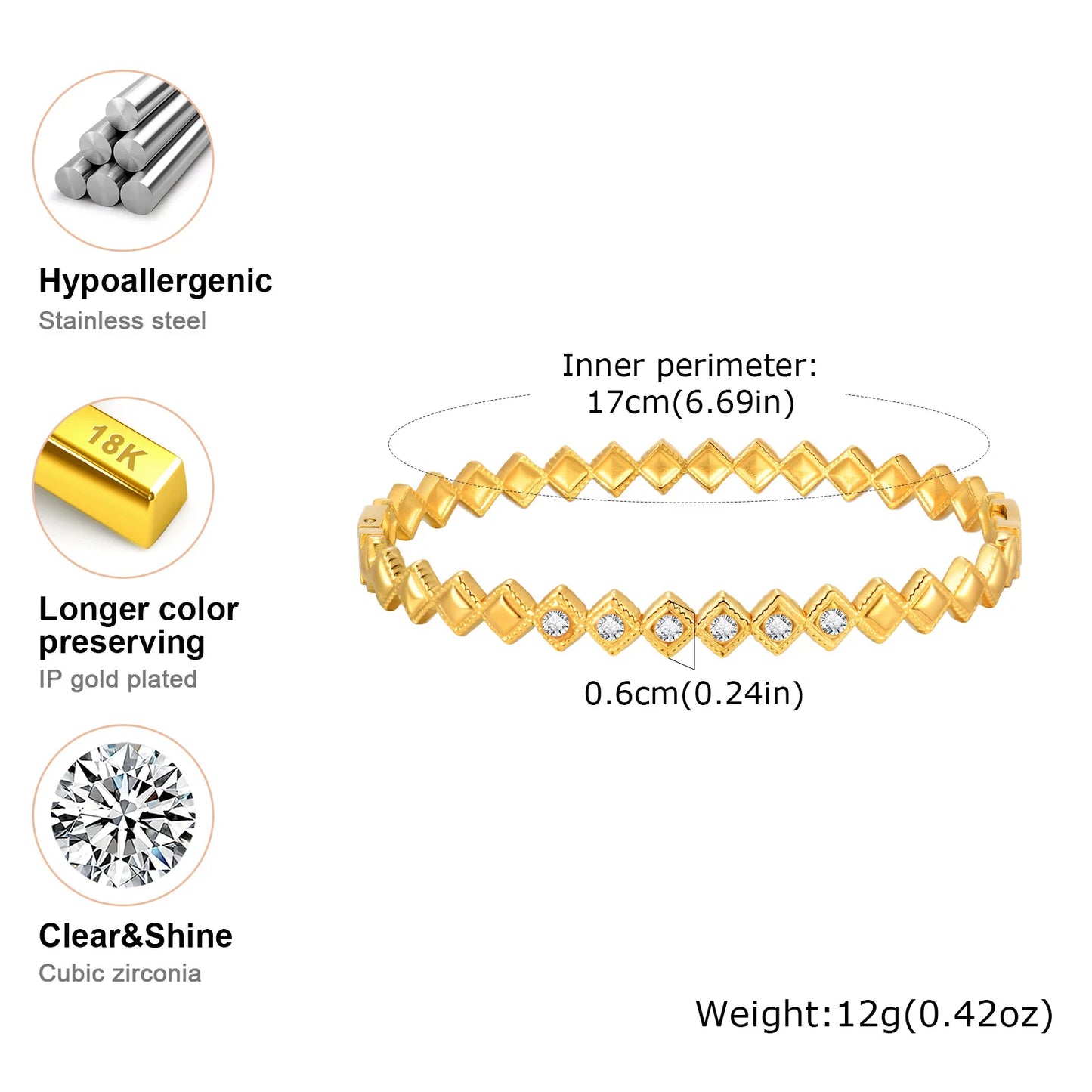 Vnox Romantic Zircon Cuff Bracelet For Women Geometric Fashion Lady Jewelry Stainless Steel Bangles Party Gold Color Never Fade