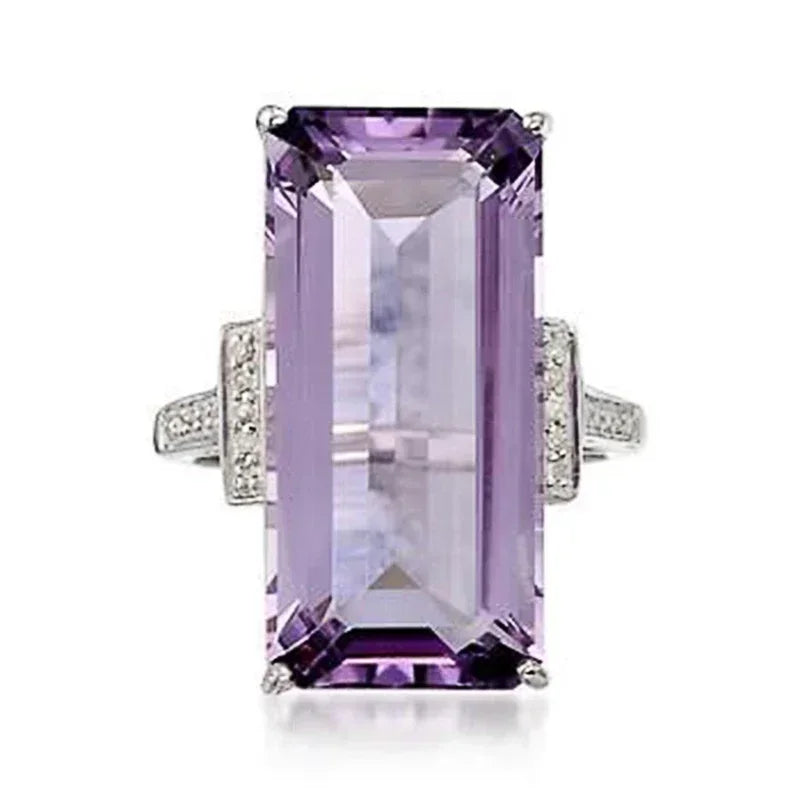 2025 New Purple Cubic Zirconia Ring with Sparkling Square Crystal, High End Women's Personalized Fashion Cocktail Party Jewelry