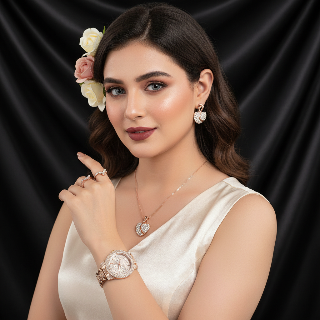 Zenat Quartz Watch Gold Luxury Ring Necklace Earring Set