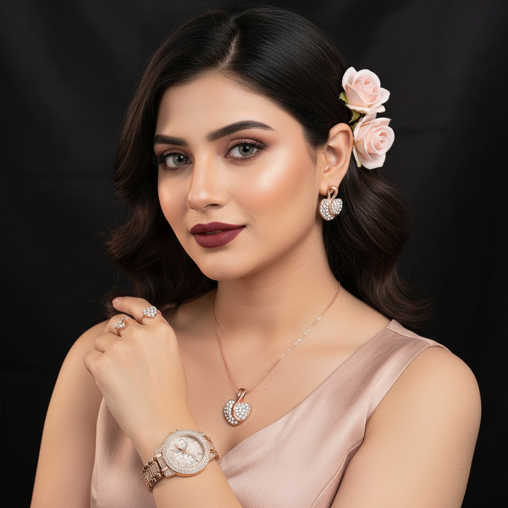 Zenat Quartz Watch Gold Luxury Ring Necklace Earring Set