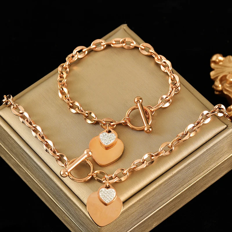 EILIECK New Fashion Stainless Steel Metal Double Heart Necklace Bracelet For Women Fashion Waterproof 3-Color Jewelry Set Gift