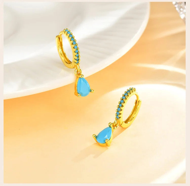Delicate Cubic Zirconia Drop Earring for Women, Turquoise Droplets