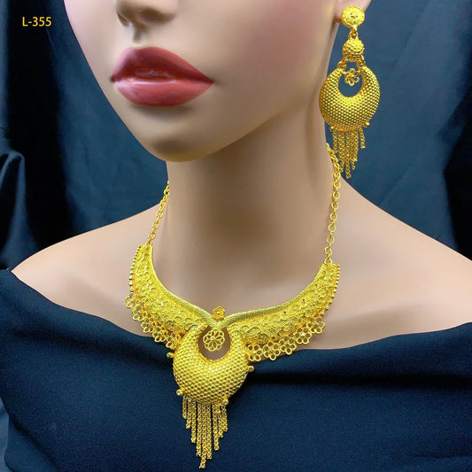 Indian Jewelry Set For Women 24K Gold Color Dubai African Nigeria Bridal Necklace Earrings Wedding Party Jewellery Gifts