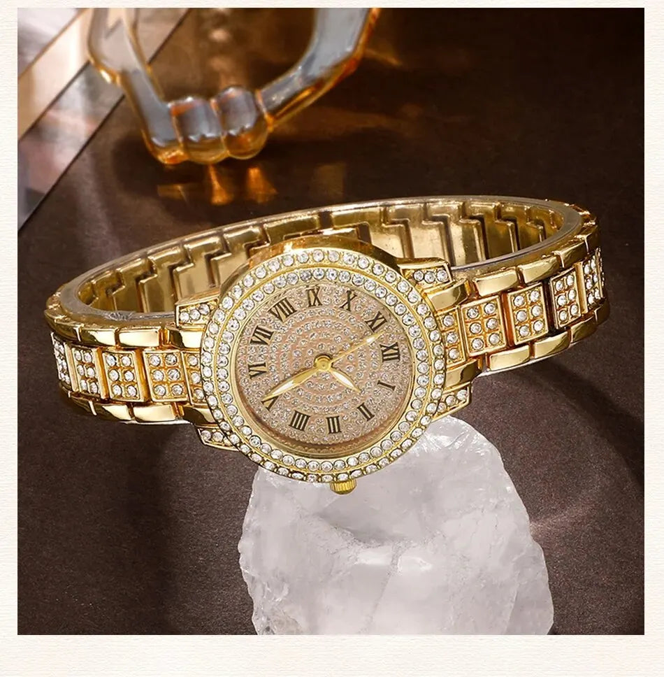 Golden Watch Women Ring Necklace Earrings Rhinestone Fashion Wristwatch Female Casual Ladies Watches Bracelet Set Clock