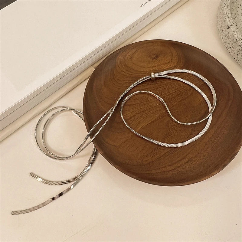 316L Stainless Steel New Fashion Fine Jewelry 134cm Pull Adjusting Charm Flat Snake Chain Choker Necklaces Pendants For Women