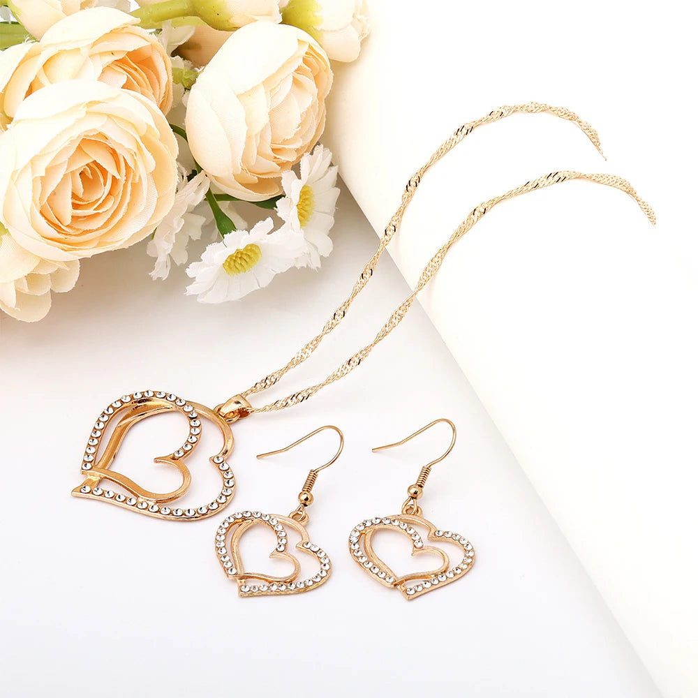 4-piece Women Jewelry Set Creative Double Heart Diamond Necklace Necklace Necklace With High-end Feel Earrings Bracelet Jewelry