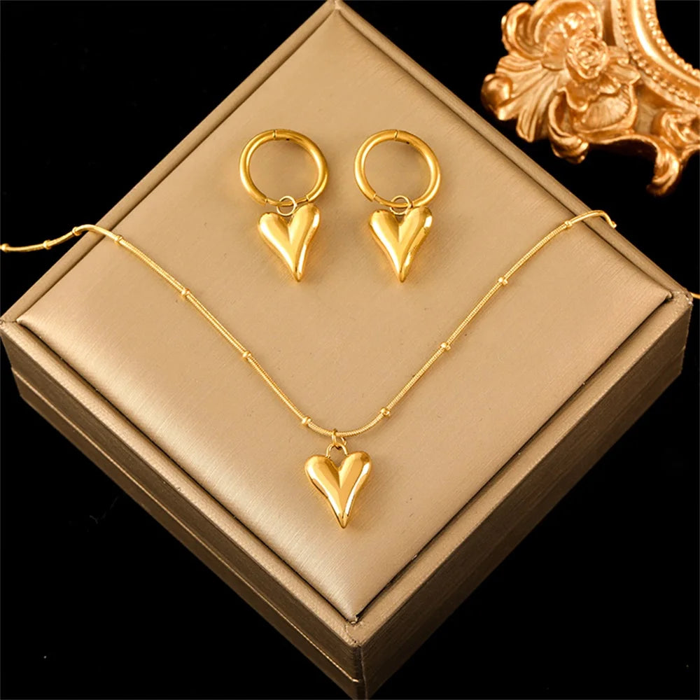 EILIECK 316L Stainless Steel Heart Love Necklace Bracelets Earrings Set For Women New Trendy 18K Gold Plated Waterproof Jewelry