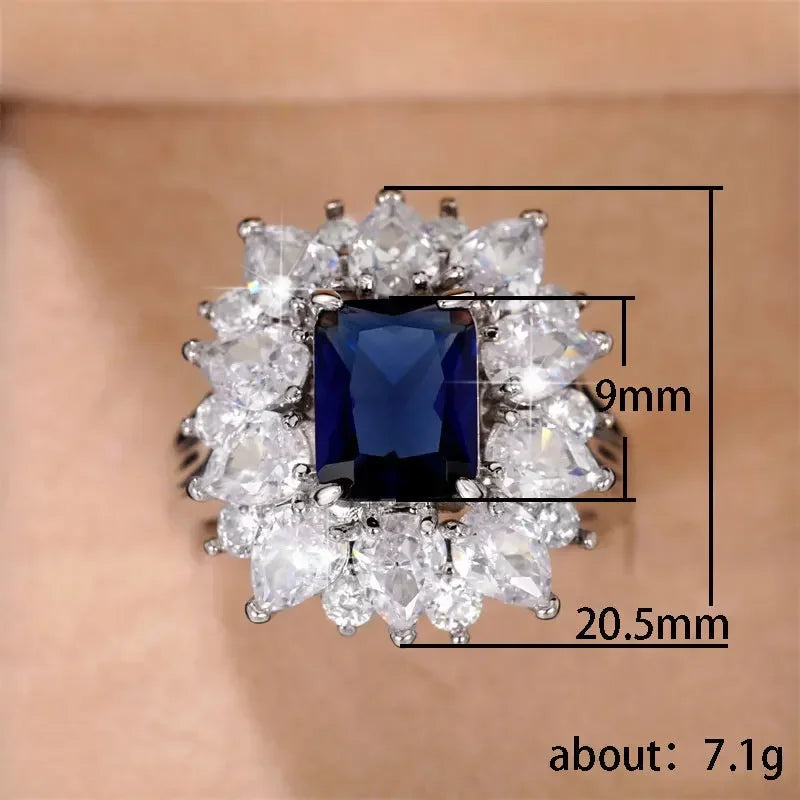 2025 New Blue Cube Zircon Ring Fashionable and Elegant High End Women's Bridal Wedding Luxury Personalized Jewelry Accessories
