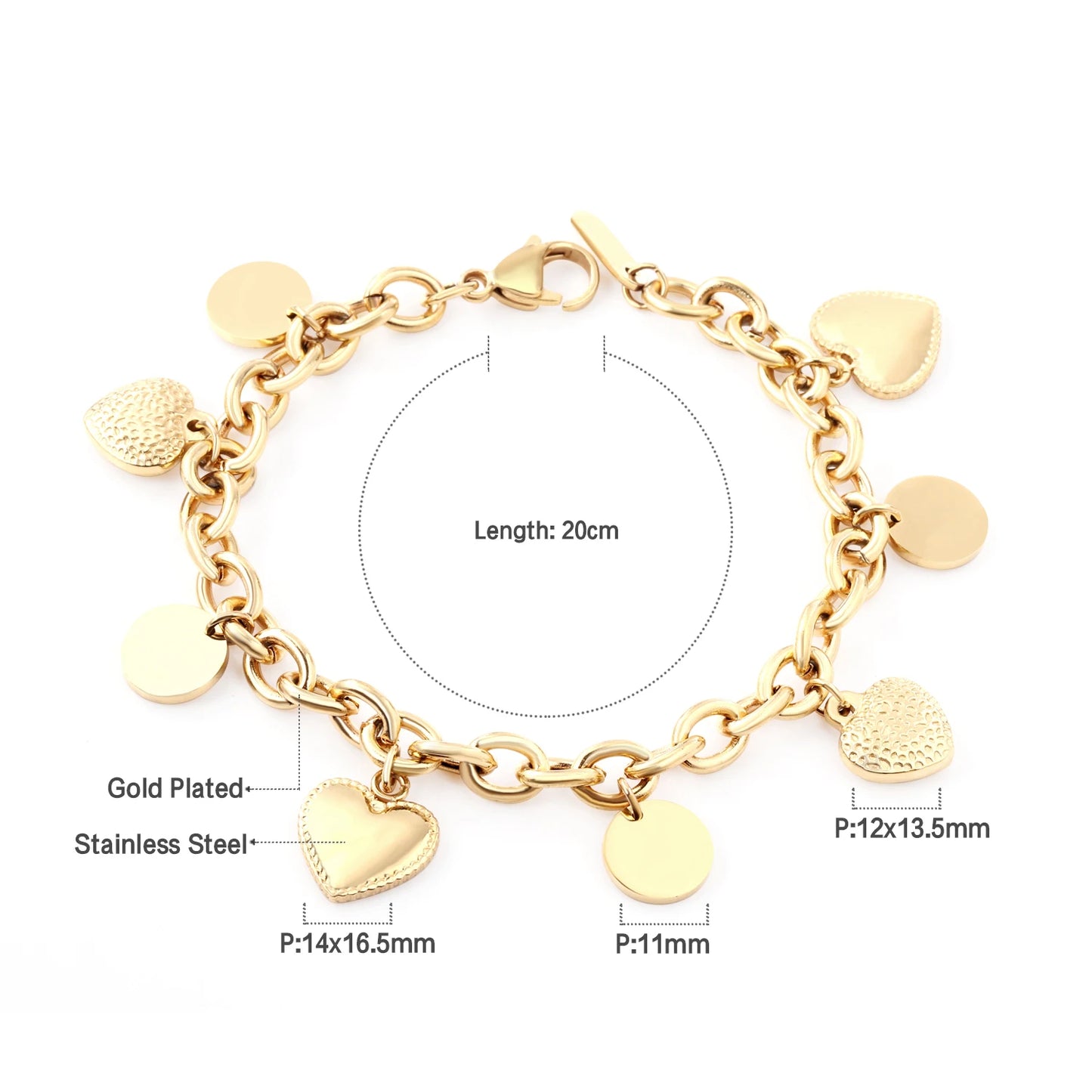 LUXUSTEEL Stainless Steel Heart Coin Charm Bracelet for Women Girl Golden Color Cuban Link Chain Bracelet Jewelry Gift 20cm