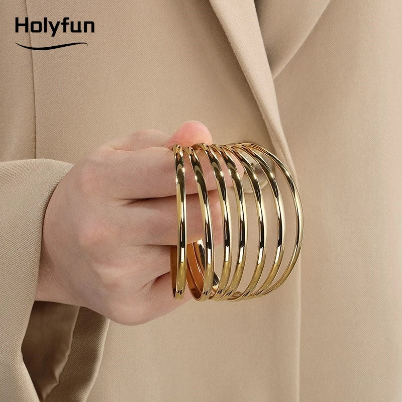 Holyfun 60mm Waterproof 316L Stainless Steel Round Smooth Bracelet Bangle Women Minimalist 18k Gold Color Texture Charm Jewelry