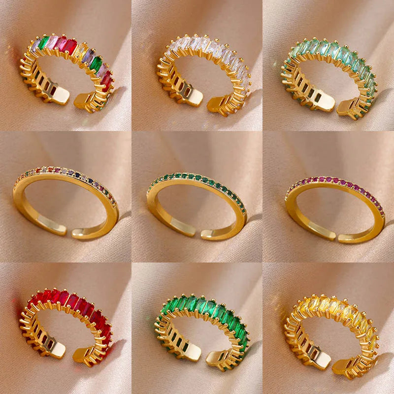Mini Zircon Green Rings For Women Stainless Steel Gold Color Adjustable Finger Ring Engagement Wedding Christmas Jewelry Gift