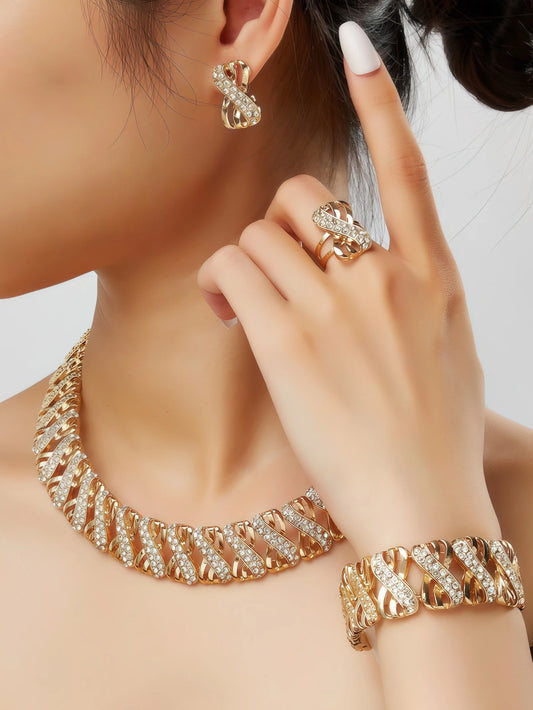 5 Piece Traditional Bridal Jewelry Set 18k Gold Plated Stylish Bow Infinity Design with Rhinestones to match your everyday outfi