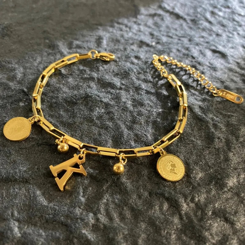 Queen Coin Letter 18K Gold-plated Stainless Steel Bracelet for Women Small Bell Pendant Adjustable Bracelet Classic Jewelry