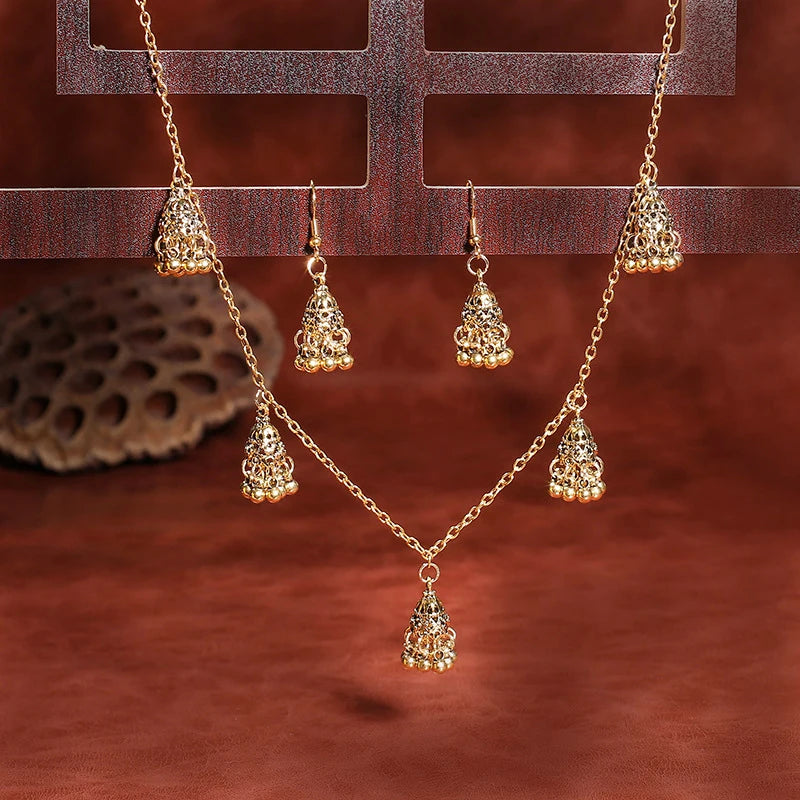 Luxury Retro Indian Jewelry Set Earring/Necklace Bijoux Wedding Jewelry Hangers Ethnic Carved Jhumka Earrings