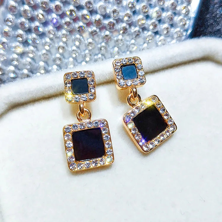LATS Trend Rhinestone Geometric Drop Earrings for Women Korean Fashion Black Color Dangle Earring 2021 Female Elegant Jewelry