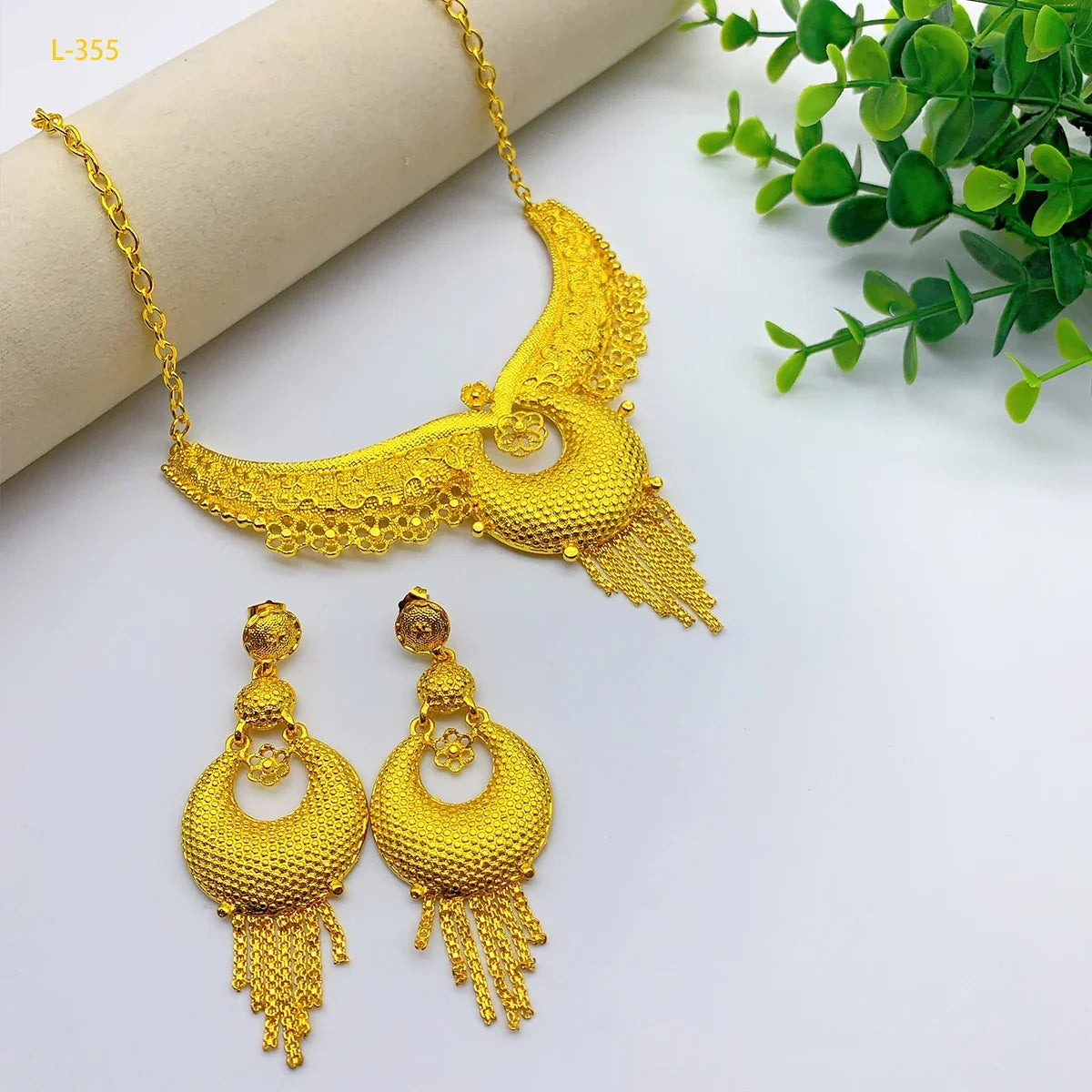 Indian Jewelry Set For Women 24K Gold Color Dubai African Nigeria Bridal Necklace Earrings Wedding Party Jewellery Gifts