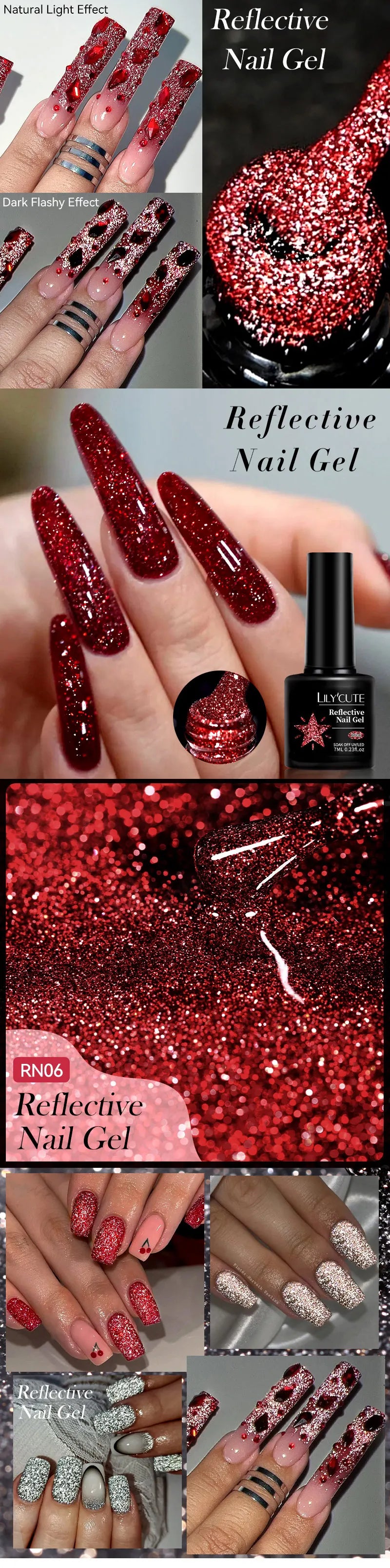 LILYCUTE 7ML Bright Red Sparkling Gel Nail Polish Silver Reflective Gel Colorful Shinning Glitter Manicure Nail Art Gel Varnish