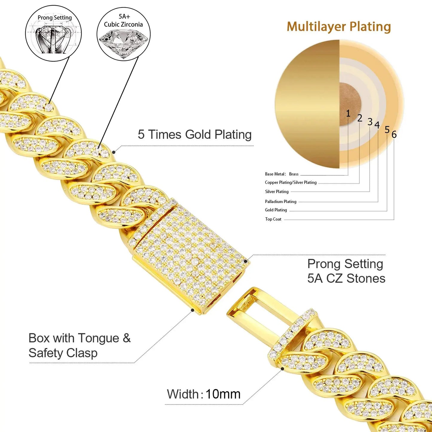 10mm Diamond Cuban Link Chain White Gold/18K Gold Plated Bling 5A+ CZ Necklace Rapper Hip Hop Luxury Jewelry for Men and Women