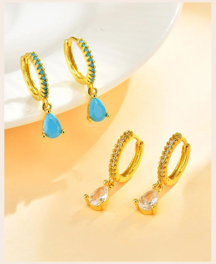 Delicate Cubic Zirconia Drop Earring for Women, Turquoise Droplets