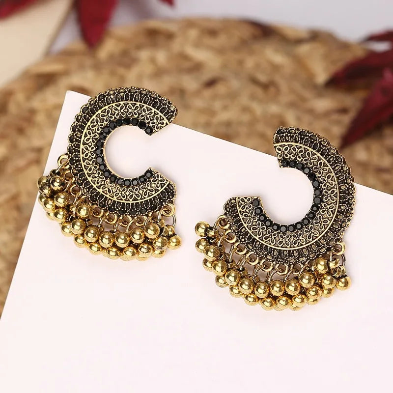 Ethnic Colorful Zircon Indian Jhumka Earrings For Women Pendientes Fashion Jewelry Retro Alloy Tassel Semicircle Ladies Earrings