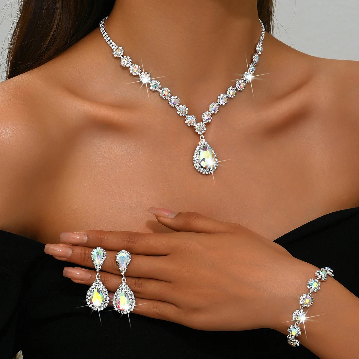 Minimalist Water drops Jewelry Set for Women Crystal Necklace Bracelet Earrings Set Gift Banquet Wedding Anniversary Accessories