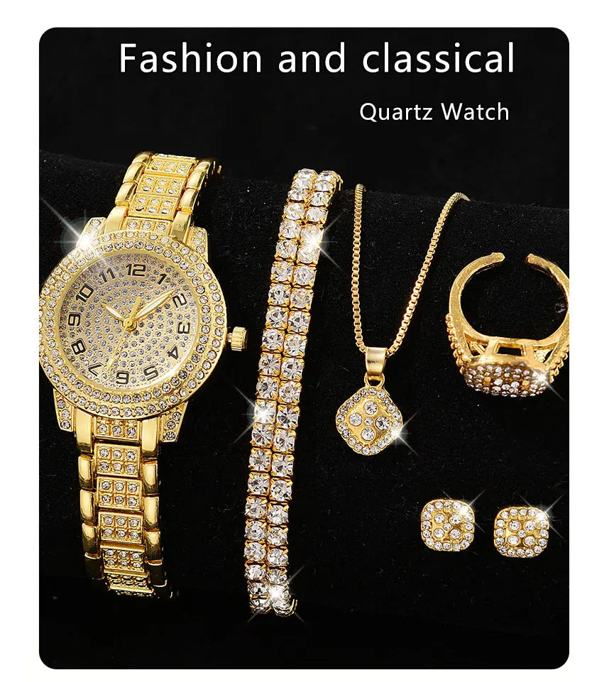 Luxury Women Gold Watch Fashion Ladies Quartz Diamond Wristwatch Elegant Female Bracelet Watches Set Reloj Mujer