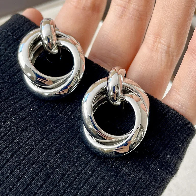 Double Layer Round Circle Dangle Earrings for Women Vintage Simple European Golden Metal Drop Earrings Geometry Jewelry Gift