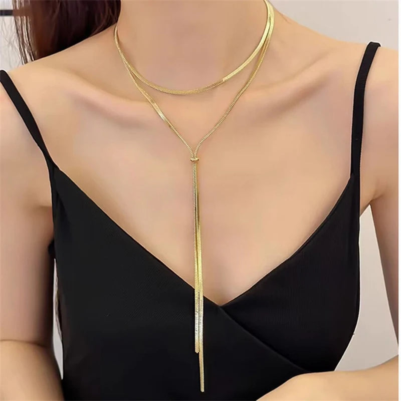 316L Stainless Steel New Fashion Fine Jewelry 134cm Pull Adjusting Charm Flat Snake Chain Choker Necklaces Pendants For Women