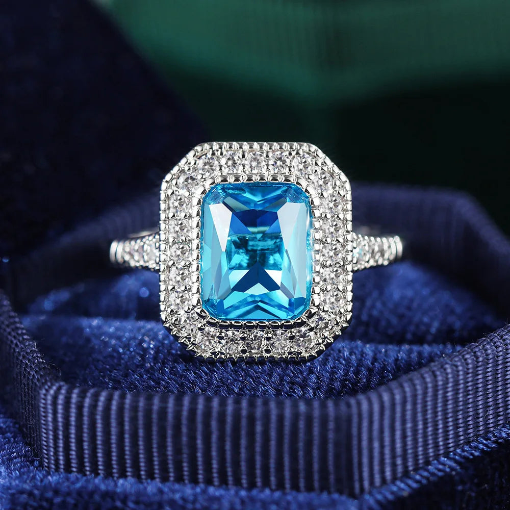 2025 New Fashion Sea Blue Cubic Zirconia Women's Wedding Ring Luxury Engagement Party Elegant   Brilliant Jewelry