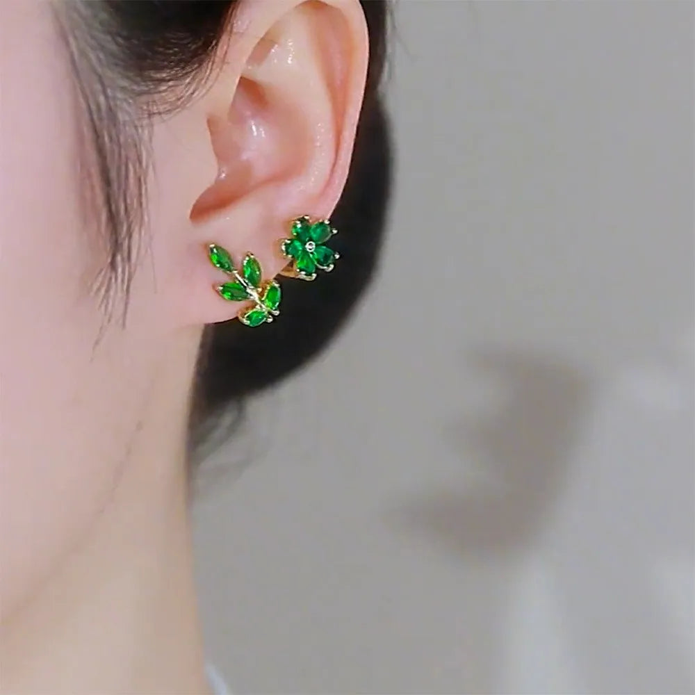 925 Silver Needle Green Flower Earrings For Women Korean Fashion Jewelry 2025 Trending Luxury Zircon Leaf Women's Stud Earrings