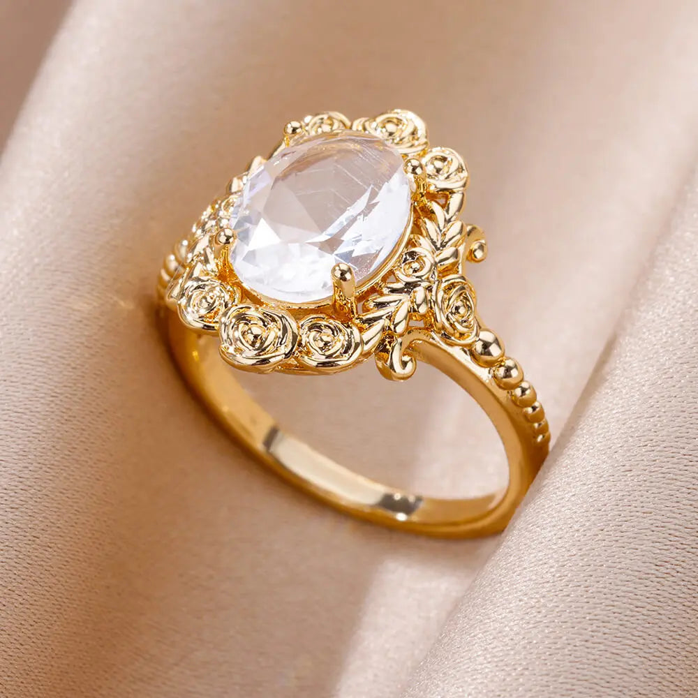 Gold Color Stainless Steel Ring for Women Colorful Cubic Zircon Heart Opening Adjustable Ring Fashion Jewelry Wedding Gift