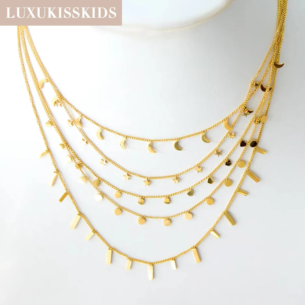 LUXUKISSKIDS Woman Collier бижутерия Golden Chains Necklaces Bohemia Star Heart Elegant Stainless Steel Jewelry Trendy Collars