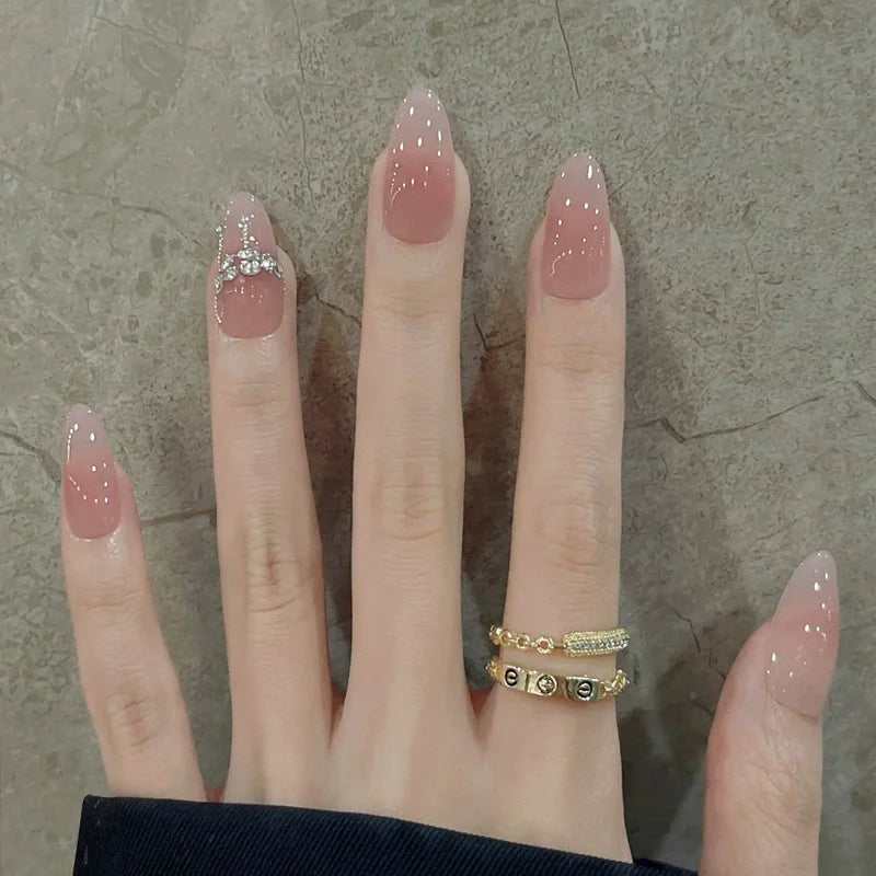 24Pcs Glitter Diamond Press On Nails Sweet Cute Girl Acrylic Nails Full Cover Short Square Fake Nails Wearable Manicure Nail Tip