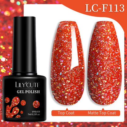 LILYCUTE 7ML Bright Red Sparkling Gel Nail Polish Silver Reflective Gel Colorful Shinning Glitter Manicure Nail Art Gel Varnish
