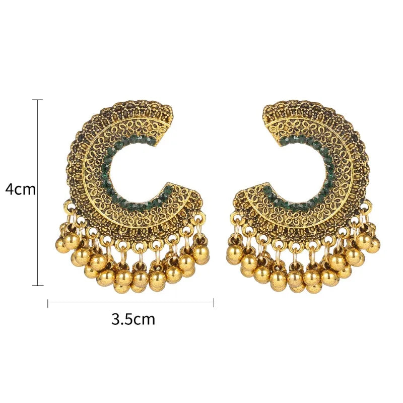 Ethnic Colorful Zircon Indian Jhumka Earrings For Women Pendientes Fashion Jewelry Retro Alloy Tassel Semicircle Ladies Earrings