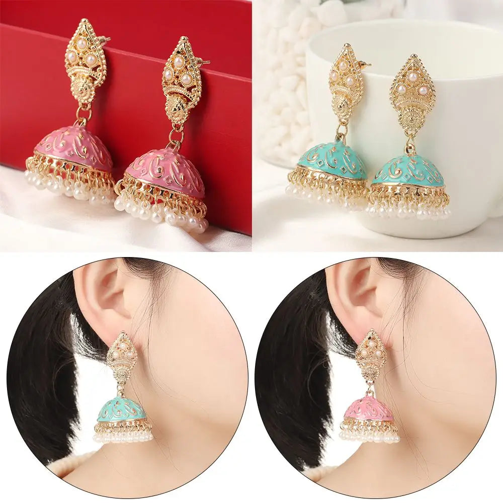 Bohemia Oorbellen Hangers Vintage Gypsy Jhumka Indian Style Earrings Flower Pearl Beads Bell Shape