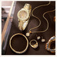 Golden Watch Women Ring Necklace Earrings Rhinestone Fashion Wristwatch Female Casual Ladies Watches Bracelet Set Clock