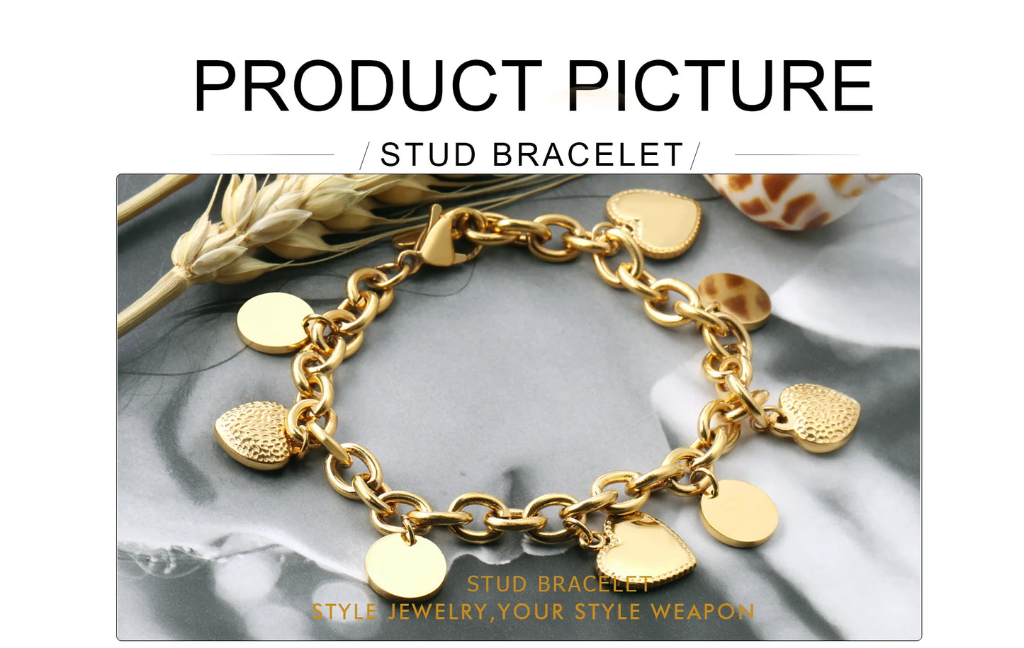 LUXUSTEEL Stainless Steel Heart Coin Charm Bracelet for Women Girl Golden Color Cuban Link Chain Bracelet Jewelry Gift 20cm